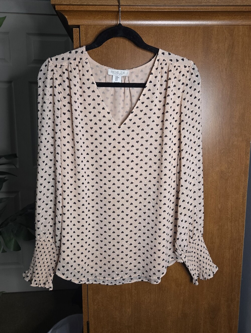 Rachel Zoe Blush Pink V-Neck Heart Print Long Sleeve Blouse